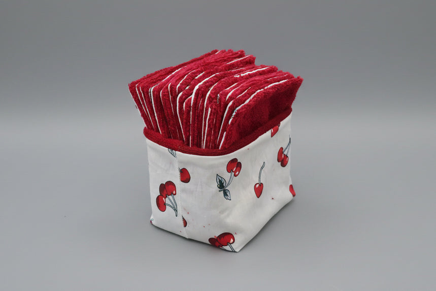 Lot de 20 Lingettes Lavables Bébé + Panier"Cerises Gourmandes" – Éponge Bambou & Coton Imprimé