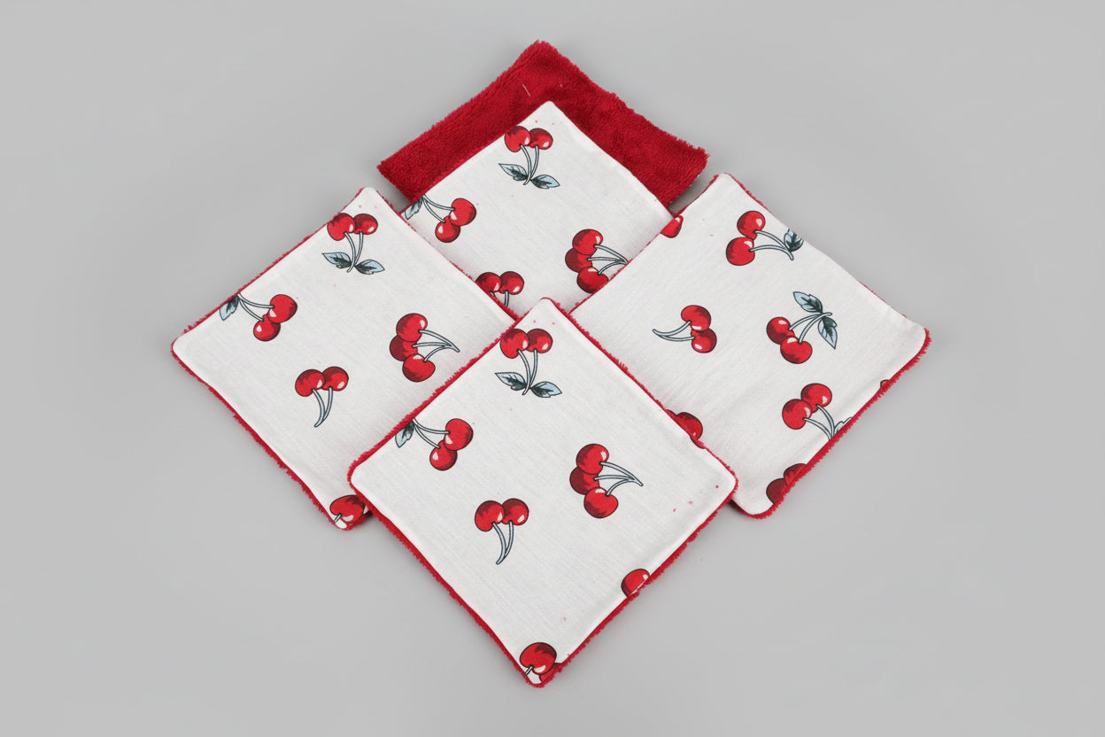 Lot de 20 Lingettes Lavables Bébé + Panier"Cerises Gourmandes" – Éponge Bambou & Coton Imprimé