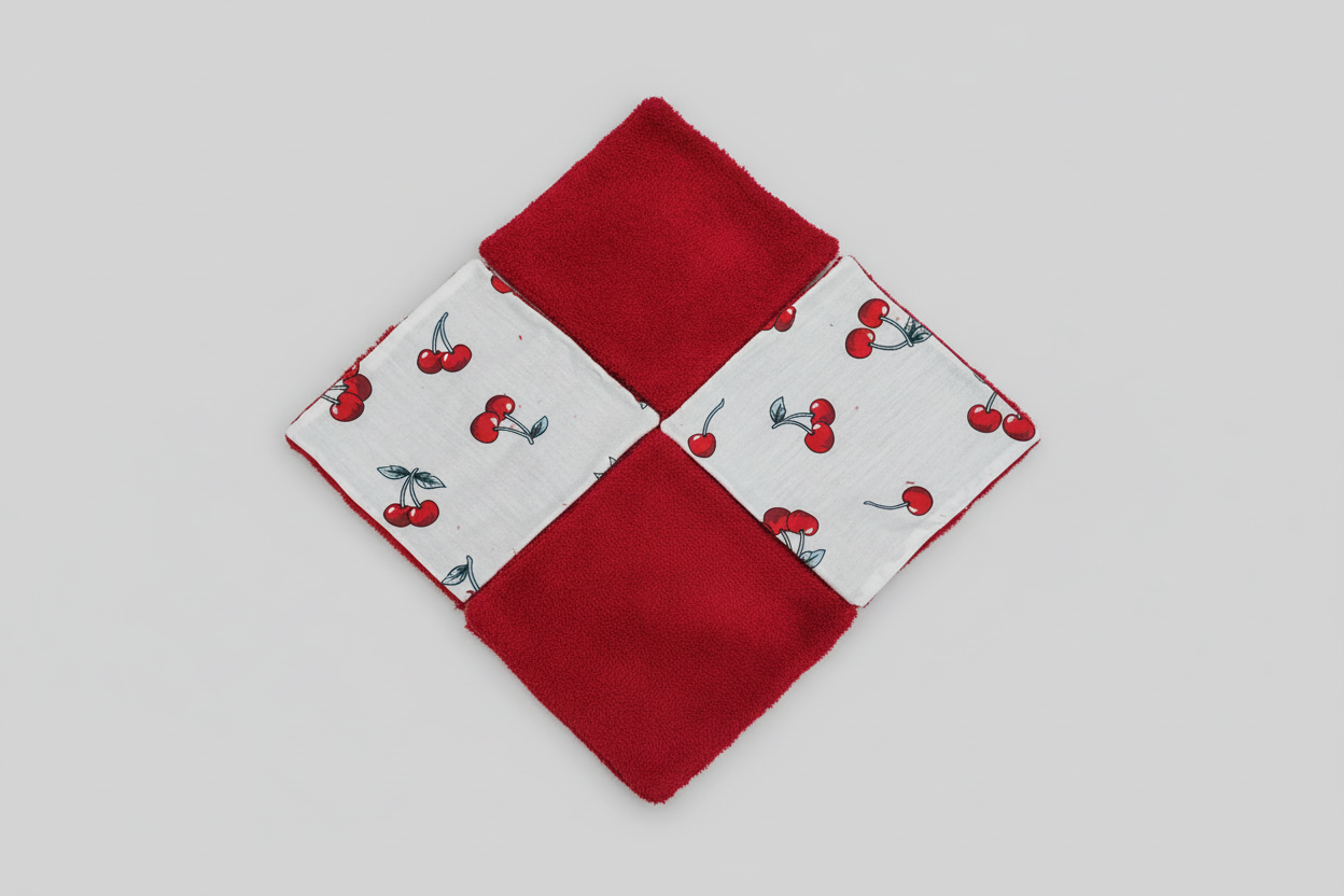 Lot de 20 Lingettes Lavables Bébé + Panier"Cerises Gourmandes" – Éponge Bambou & Coton Imprimé